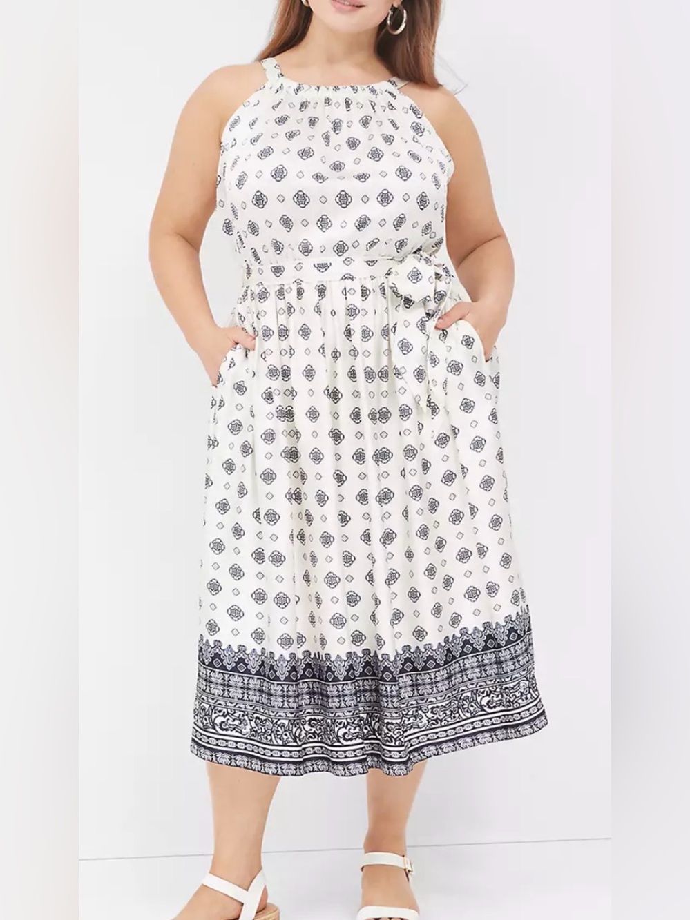 Lane Bryant White and Navy Printed Halter Midi Dress Size 26/28